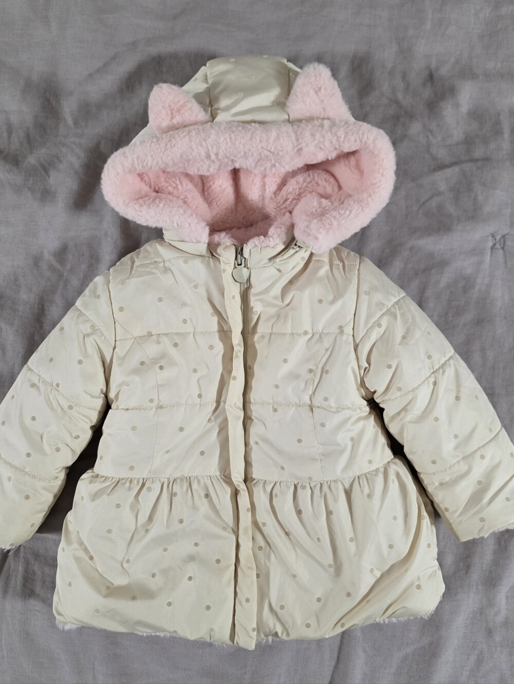 Mayoral Baby Girl Ivory Polka Dot & Pink Fur Reversible Winter Coat 12 mos.